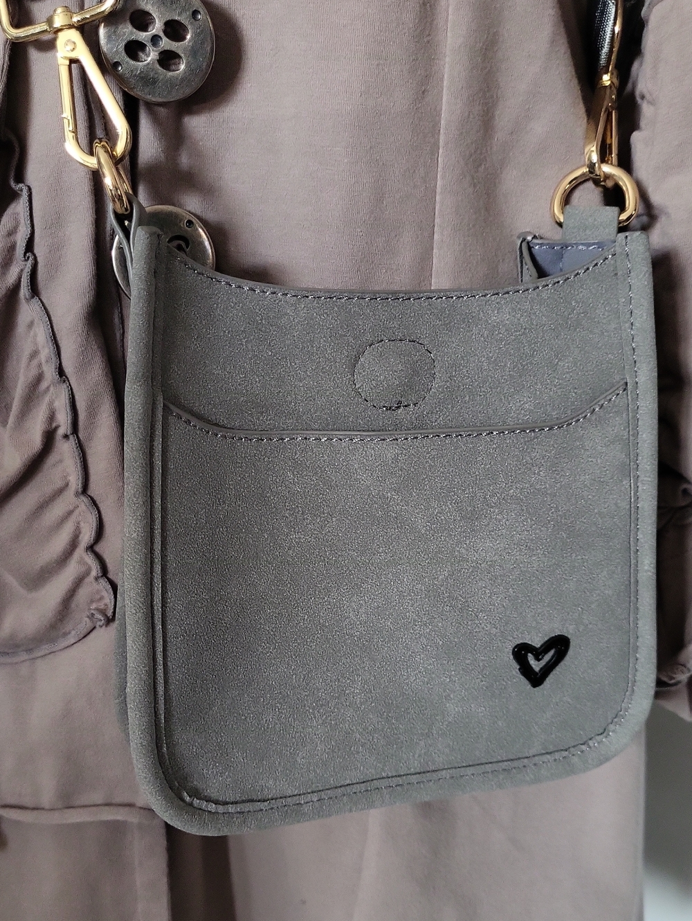 peneLOVE Grey Vegan Suede Crossbody Bag with Heart Accent